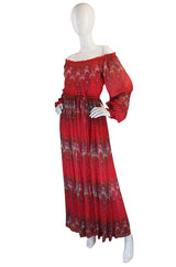 1970s Off Shoulder Silk Print Mollie Parnis Dress