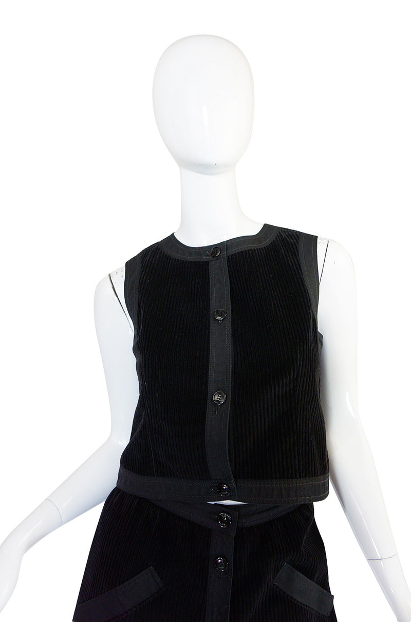 1960s Andre Courreges Black Courduroy Vest & Skirt Set