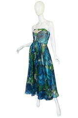 1950s Blue Strapless Silk Chiffon Helena Barbieri Dress
