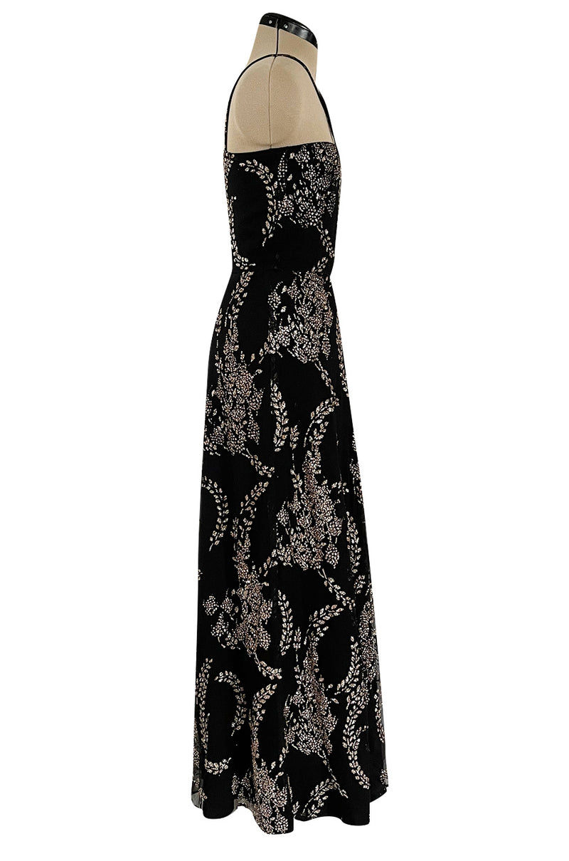 Incredible 1970s Ted Lapidus Sparkling Glitter Fused Design on Black Silk Chiffon Dress