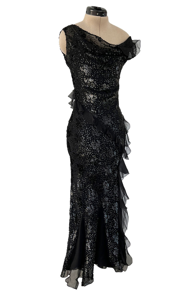 Mid-2000s Christian Dior by John Galliano Metallic Eyelash Lame Bias Cut Silk Chiffon Dress