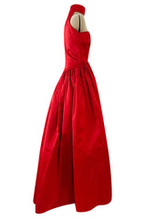 Stunning 1980s Saks Fifth Avenue Red Silk Satin Dress w Unusual Attached Collar Detail