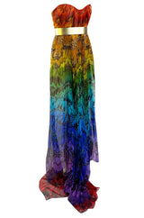 Spring 2008 Alexander McQueen Iconic Strapless Silk Chiffon Butterfly Rainbow Dress w Belt