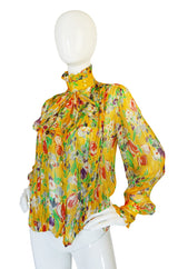 1981 Emanuel Ungaro Yellow Floral Printed Silk Ribbon Chiffon Ascot Top