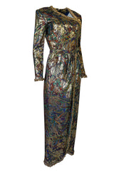 Fall 1990 Oscar de la Renta Printed Metallic Silk Dress w Brass Bell Edging