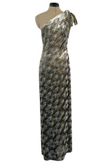 1970s Mollie Parnis Metallic Silver Gold & Copper Fluid Velvet One Shoulder Dress