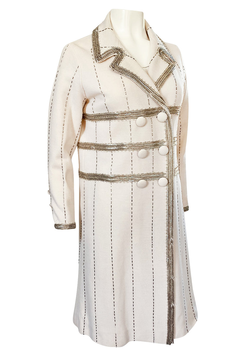 1960s Unlabeled Mr. Blackwell Beaded Ivory Wool Jersey Coat
