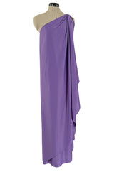 Classic 1978 Halston One Shoulder Draped Full Length Maxi Dress in a Light Purple Jersey