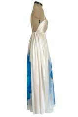 Spectacular Late 1970s Galanos Couture Ivory Silk Chiffon Dress w Brilliant Floral Print