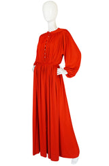 1970s Donald Brooks Red Jersey Crystal Button Dress