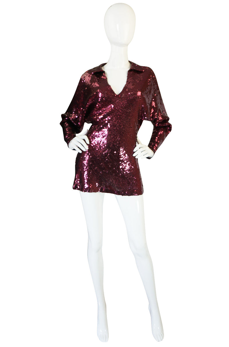 1970s Halston Burgundy Sequin Tunic or Mini Dress