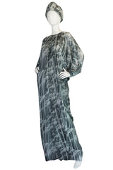 1970s Grey Print Chiffon Yuki Caftan Jersey Dress & Turban