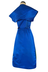 1950s Brilliant Blue Silk Satin Dress w Wrap Detailing & Matching Cropped Bolero Jacket