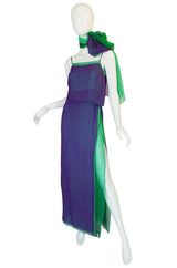 1970s Pauline Trigere Purple & Green Silk Chiffon Set