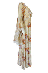 1970s Printed Angel Sleeve Floral Print Cotton Dress
