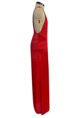Showstopping 1975 John Anthony Couture Deep Plunging Red Dress Entirely Covered in Glass Beads