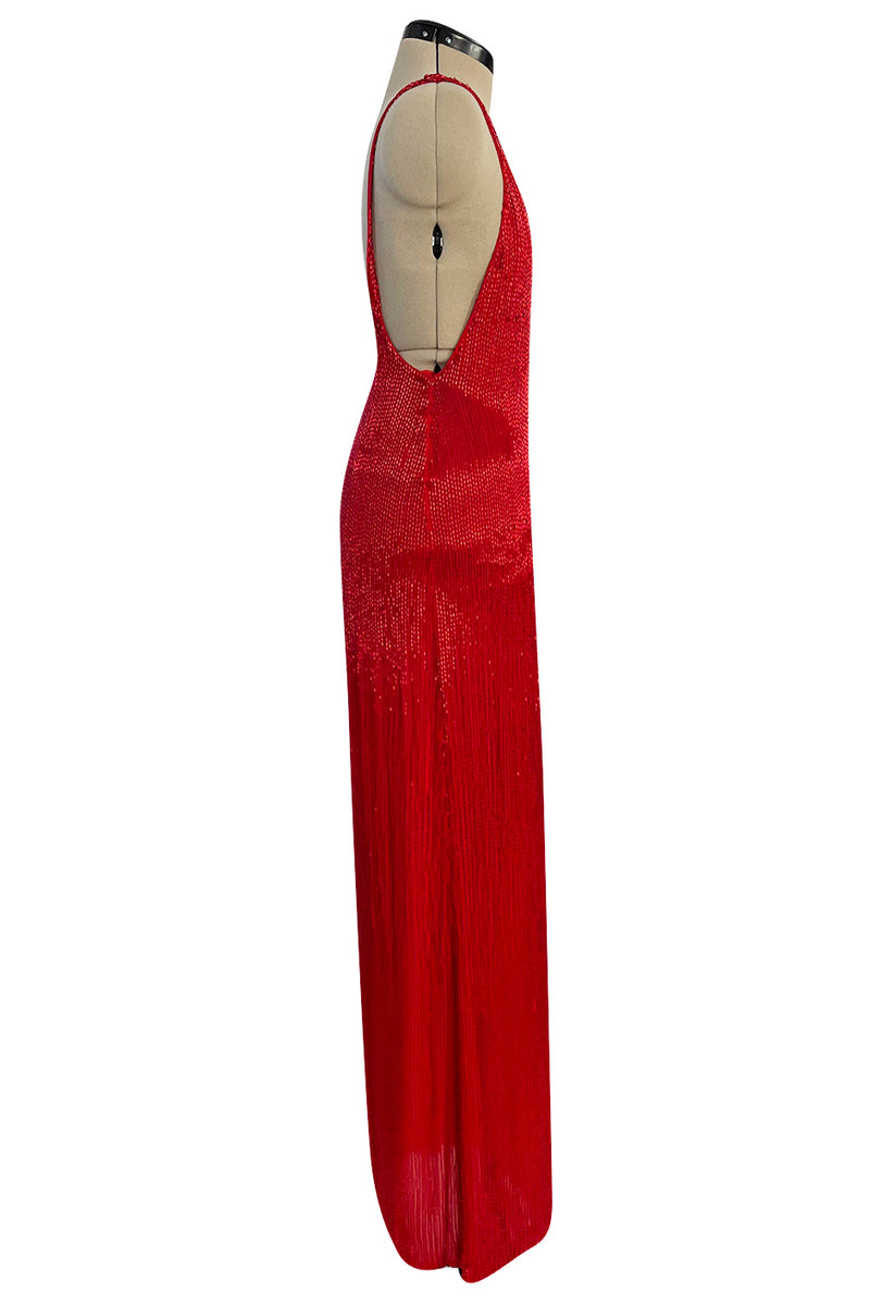 Showstopping 1975 John Anthony Couture Deep Plunging Red Dress Entirely Covered in Glass Beads