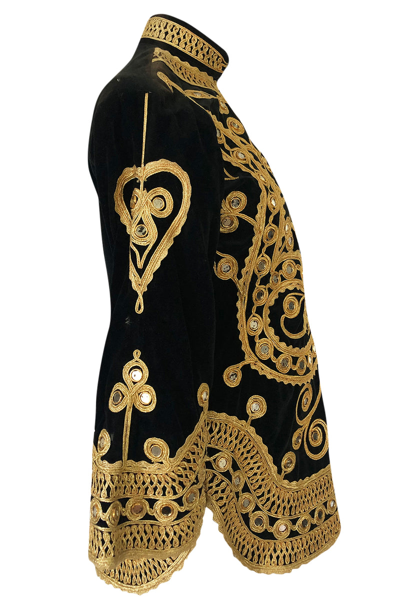 1960s Hand Applied Gold Cord & Mirrors on Black Velvet Tunic Top