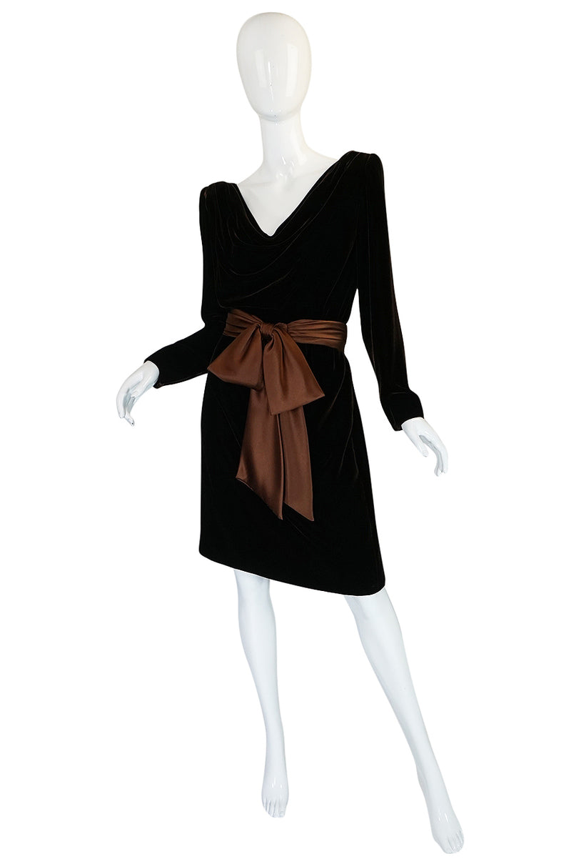 c1983 Hubert de Givenchy Haute Couture Velvet Dress w Silk Bow