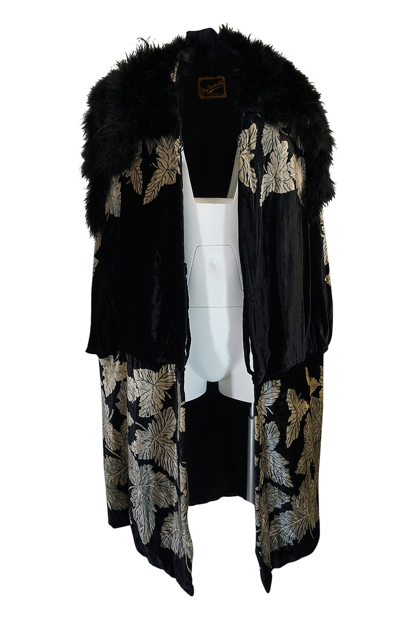 Extraordinary 1920s Evening Velvet & Feather Flapper Coat Cape