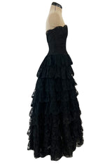 Magnificent 1980s Arnold Scaasi Couture Strapless Tiered Black French Lace Dress