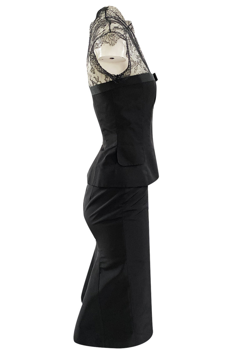 Spring 2004 Alexander McQueen Black Silk Taffeta and Black Lace Detailed Top & Skirt Set
