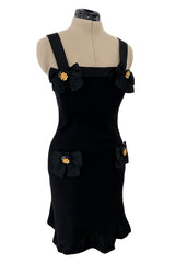 Incredible 1990s Gemma Kahng Black Backless Mini Dress w Bow & Gold Button Detailing