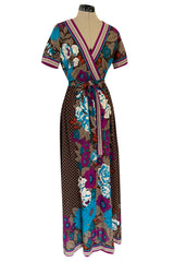 1972 - 1975 Lanvin by Jules-Francois Crahay Purple Brown & Blue Printed Floral Dress