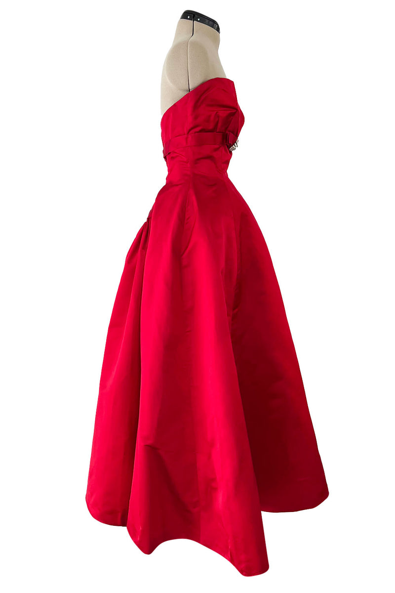 Late 1940s, Early 1950s Strapless Red Silk Satin Full Skirt Dress w  Rhinestone Detailing