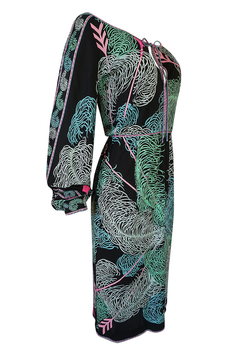 1960s Emilio Pucci Feather Print Off Shoulder Silk Jersey Dress