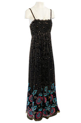 1970s Alfred Bosand Densely Beaded Sequinned & Embroidered Gold & Floral Dress