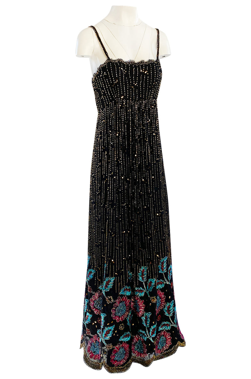 1970s Alfred Bosand Densely Beaded Sequinned & Embroidered Gold & Floral Dress