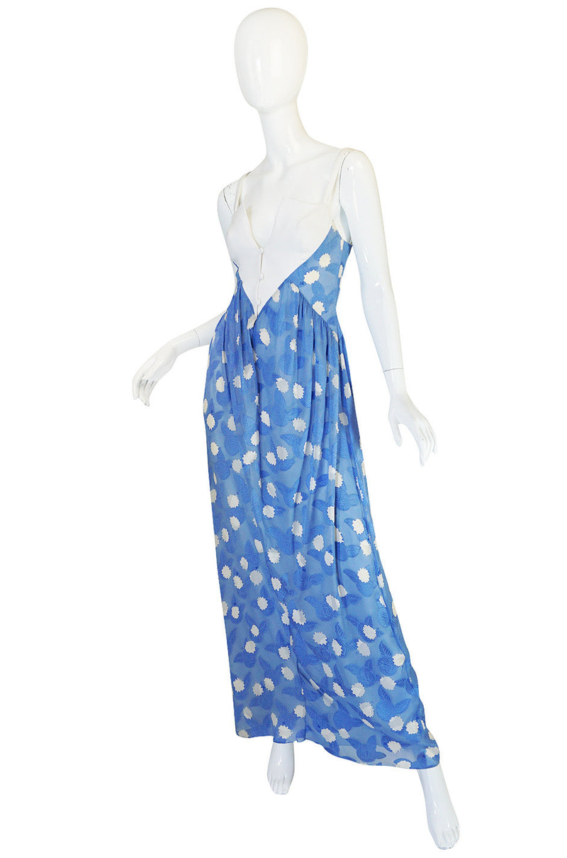 Rare 1970s Courreges Printed Blue Silk Chiffon Dress