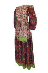 1960s Richilene Off Shoulder Pouf Sleeve Bohemian Printed Silk Dress