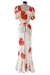 Incredible Numbered 1930s Huge Coral Flower Print Bias Cut Silk Chiffon Ivory Dress