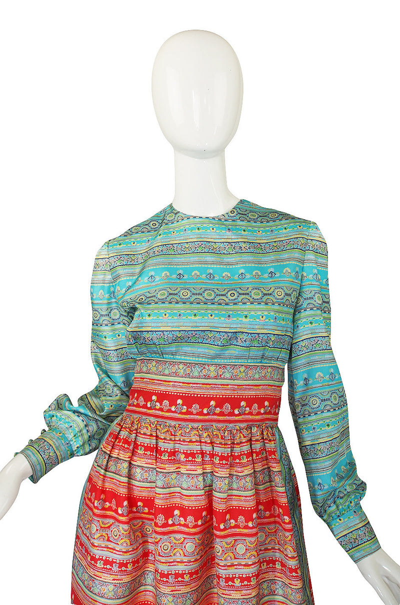 1970s Mollie Parnis Blue & Red Day Dress