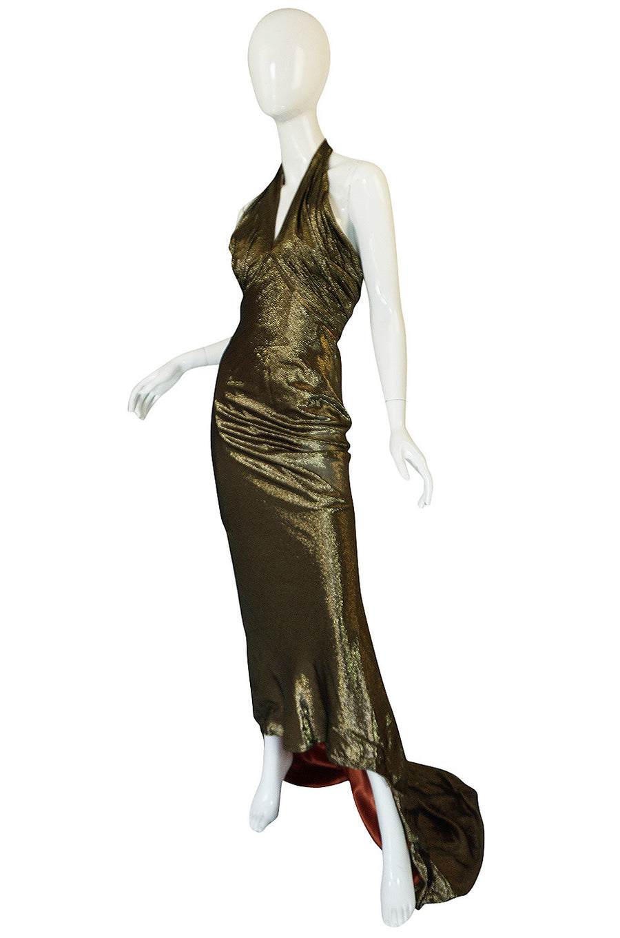 1930s Hollywood Starlet Burnished Gold Trained Halter Dress  Shrimpton  Couture
