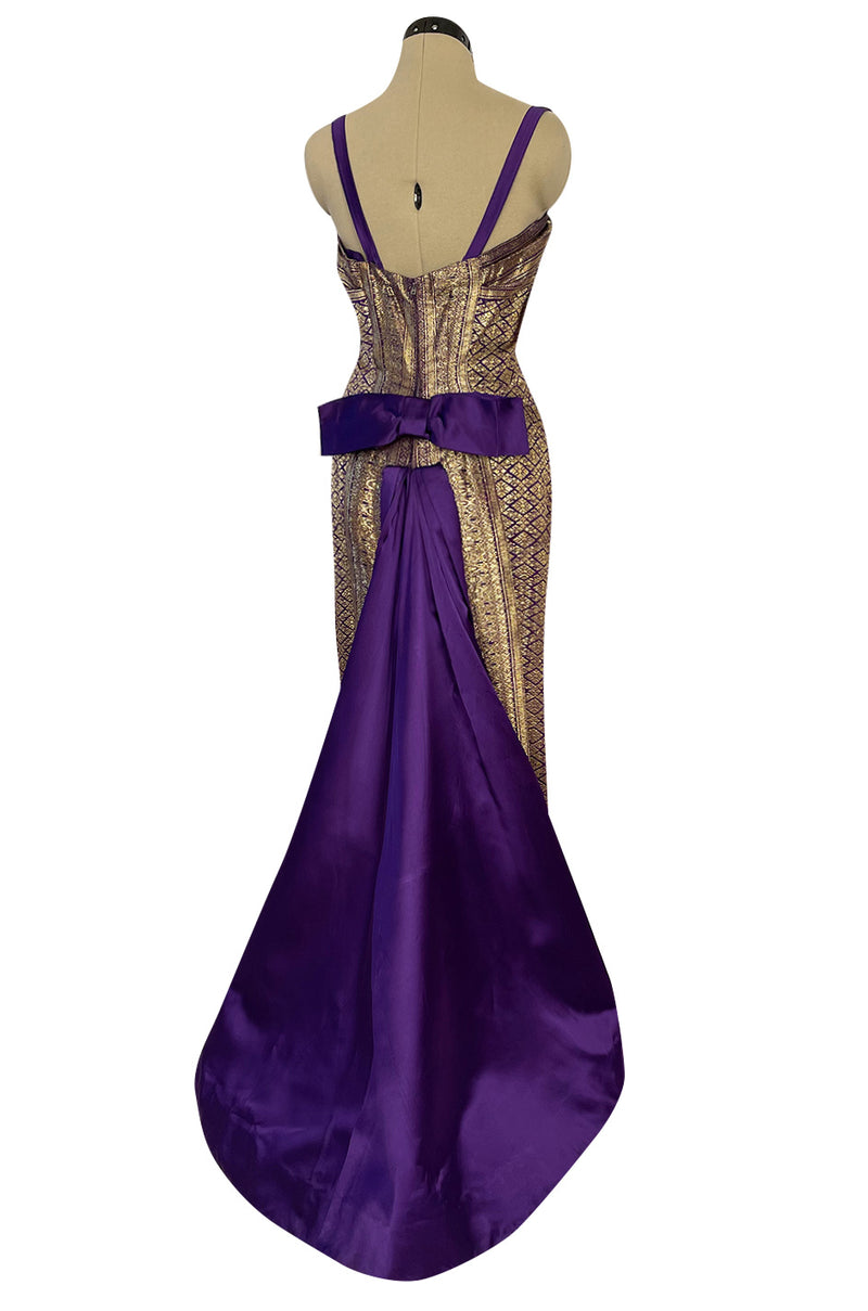Divine 1955 Maggie Rouff Haute Couture Metallic Gold Silk Brocade Dress w Purple Silk Back Skirt