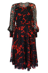 c.1976-77 Chanel True Haute Couture Red & Black Floral Print Silk Dress