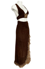 1960s North Beach Leather Suede & Feather Halter Top & Wrap Skirt Set