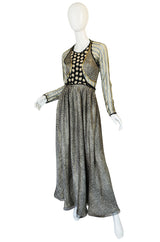 1970s Geoffrey Beene Couture Gold Metallic Lurex & Net Print Dress