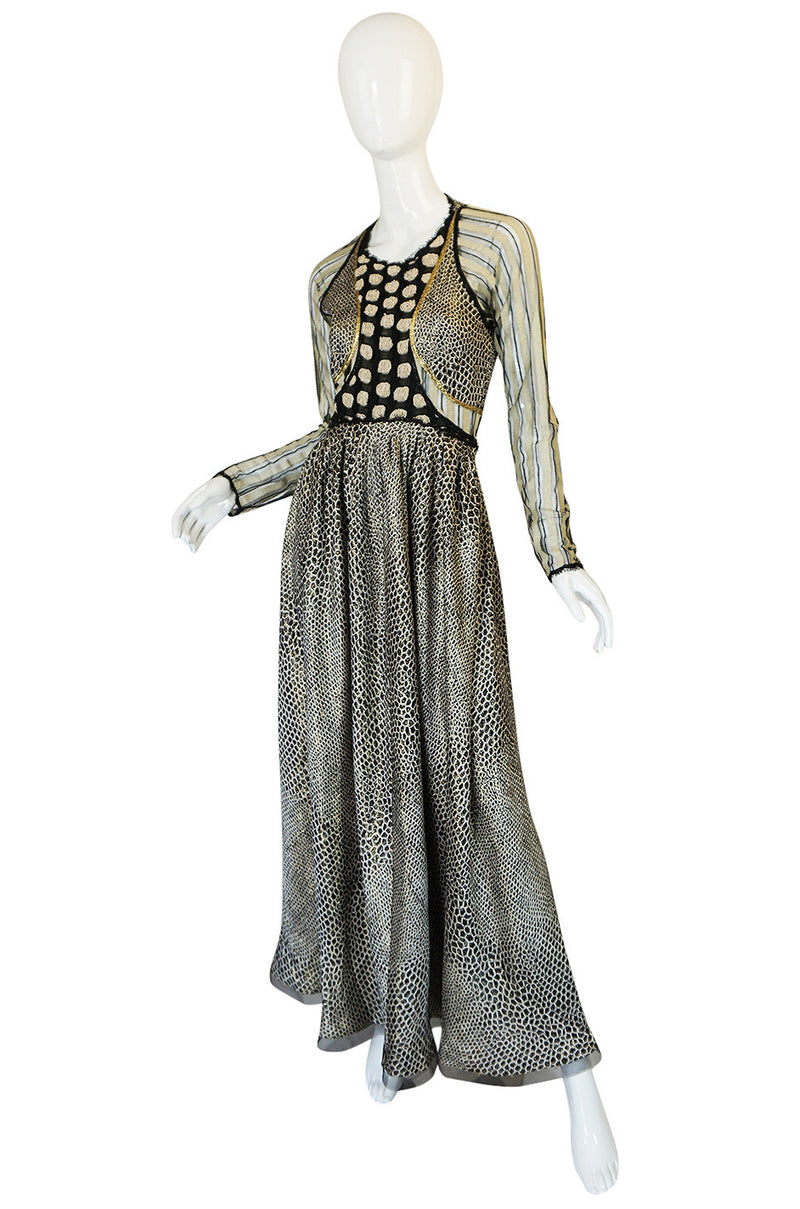 1970s Geoffrey Beene Couture Gold Metallic Lurex & Net Print Dress