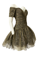 c.1984 Vicky Tiel Couture Metallic Gold & Black Lace Pouf Skirt Mini Dress