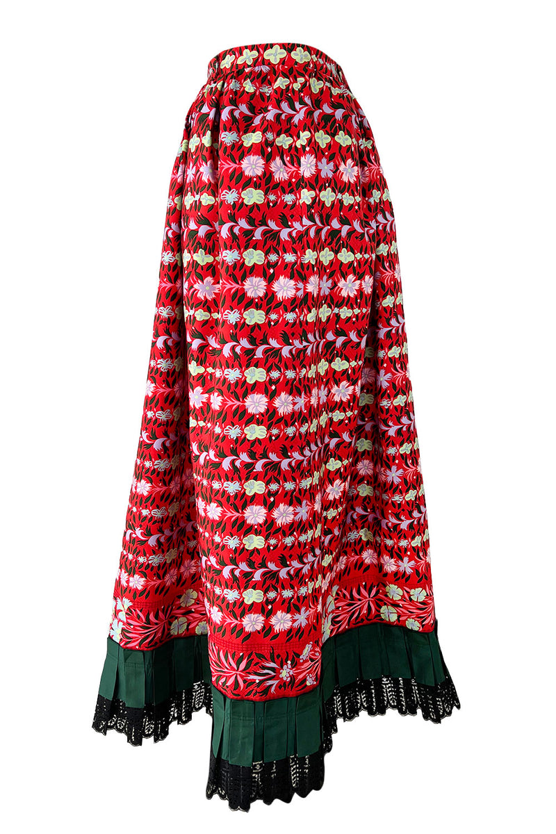 Early 1970s Lanvin by Jules-Francois Crahay Demi-Couture Printed Red Silk Skirt w Green & Lace Edging