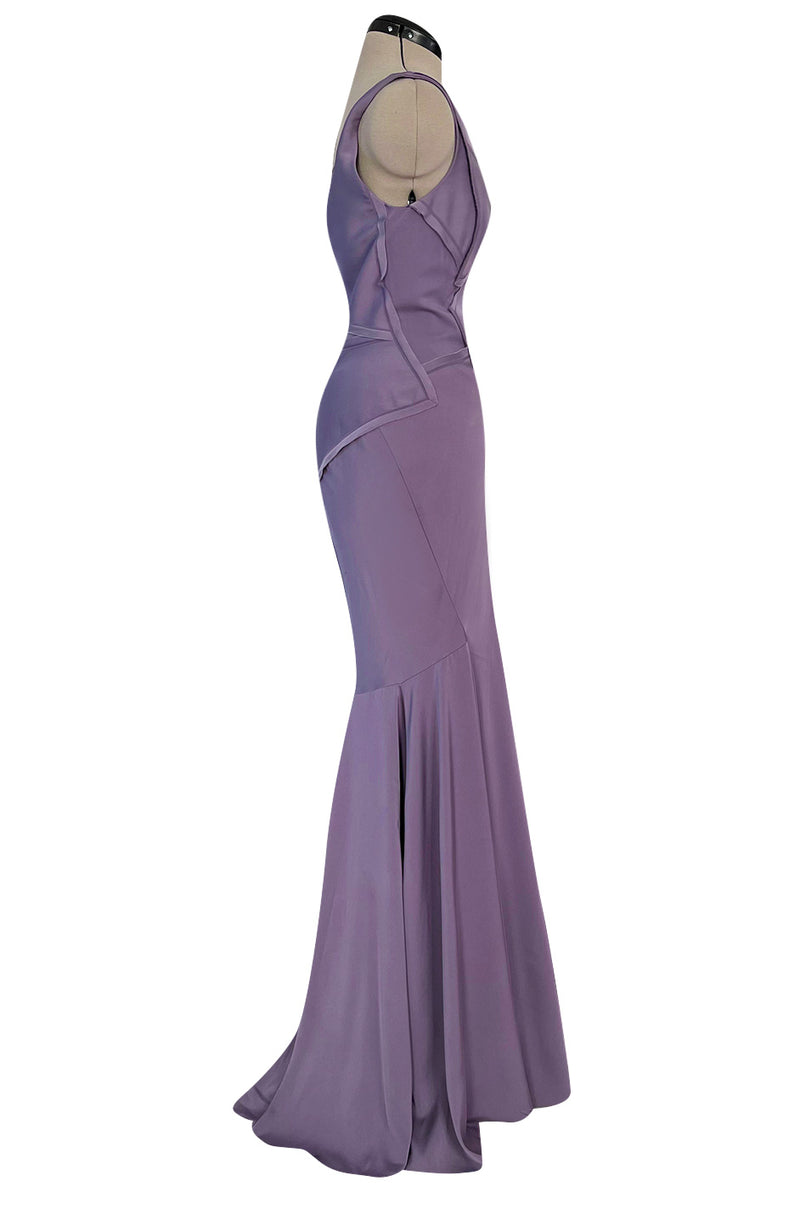 2014 Zac Posen Bias Cut Soft Purple Dress W Low V Back and Front & Exposed Edge Seaming