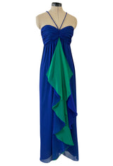 Prettiest 1970s Adele Simpson Deep Blue Chiffon Dress w Green Ruffle Front Halter Dress