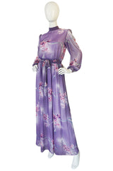 1970s Hanae Mori Romantic Pale Purple Print Chiffon Dress