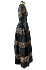Gorgeous 1970s Larry Aldrich Black Silk Tafetta Dress w Illusion Nude Lace Panels