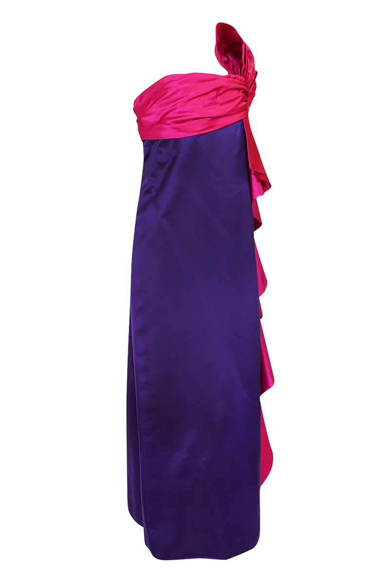 1970s Bill Blass Dramatic Pink & Purple Ruffled Bow Silk Dress