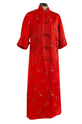 Gorgeous 1950s Red Silk Embroidered Asian Evening Coat w Top Stitched Cuffs & Collar